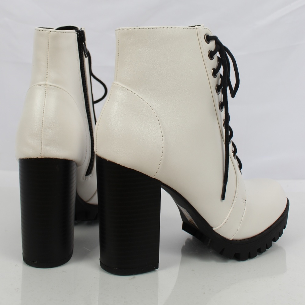 White Lace Up Combat Block Stacked Heel Ankle boot - Picture 5 of 7